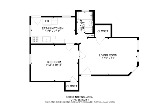 A floor plan of a house with a living room, bedroom, and eat-in kitchen.